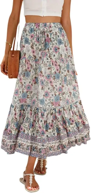 Women's Boho Floral Maxi Skirts Flowy High Waist Summer Pleated A Line Long Skirts for Women Beach Vacation Clothes for Women