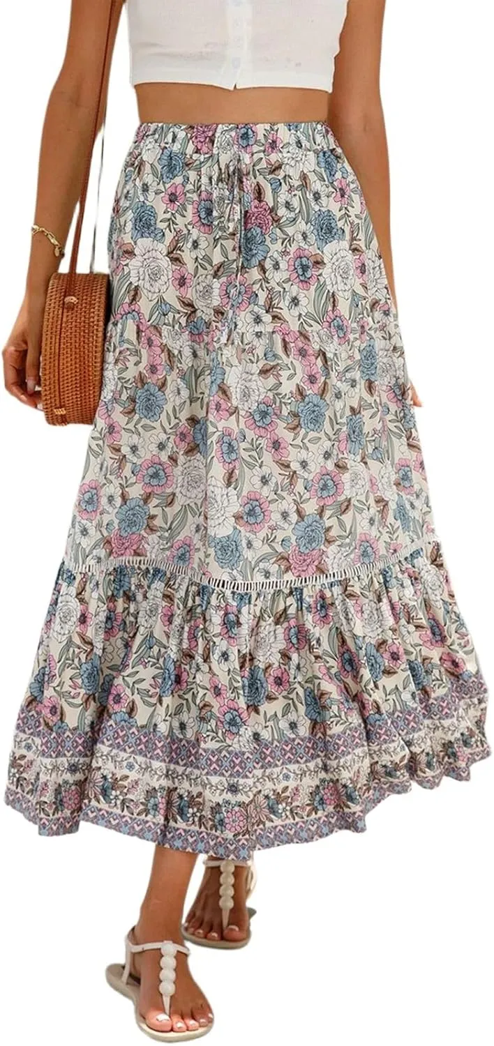 Women's Boho Floral Maxi Skirts Flowy High Waist Summer Pleated A Line Long Skirts for Women Beach Vacation Clothes for Women