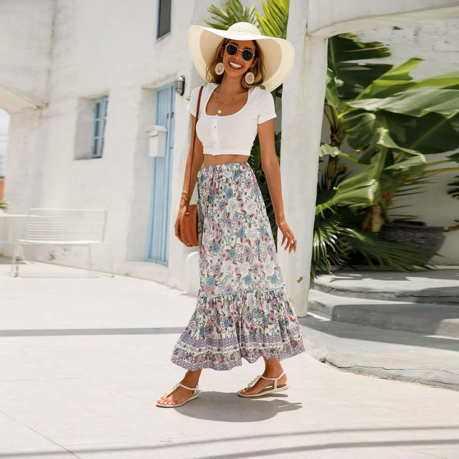 Women's Boho Floral Maxi Skirts Flowy High Waist Summer Pleated A Line Long Skirts for Women Beach Vacation Clothes for Women