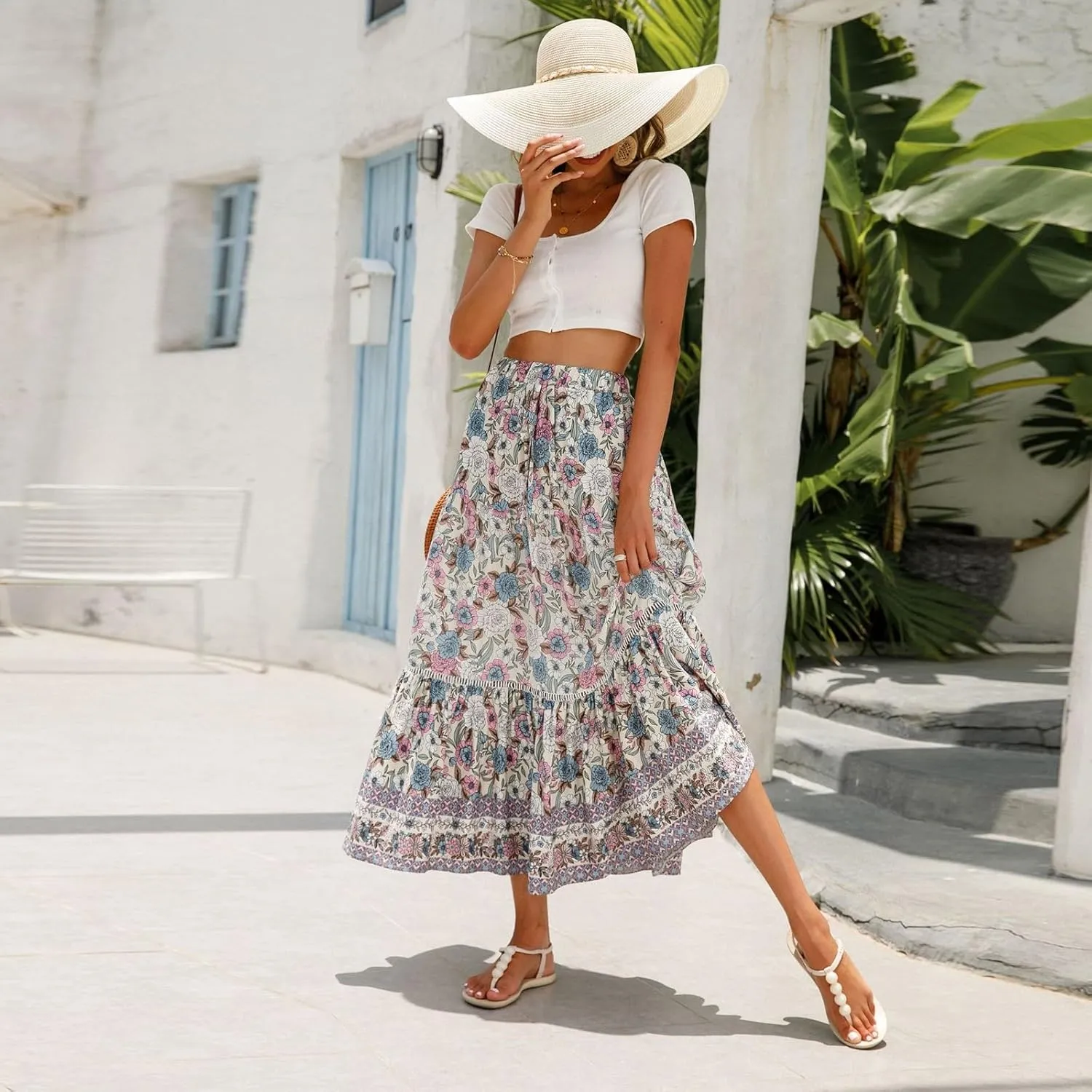 Women's Boho Floral Maxi Skirts Flowy High Waist Summer Pleated A Line Long Skirts for Women Beach Vacation Clothes for Women