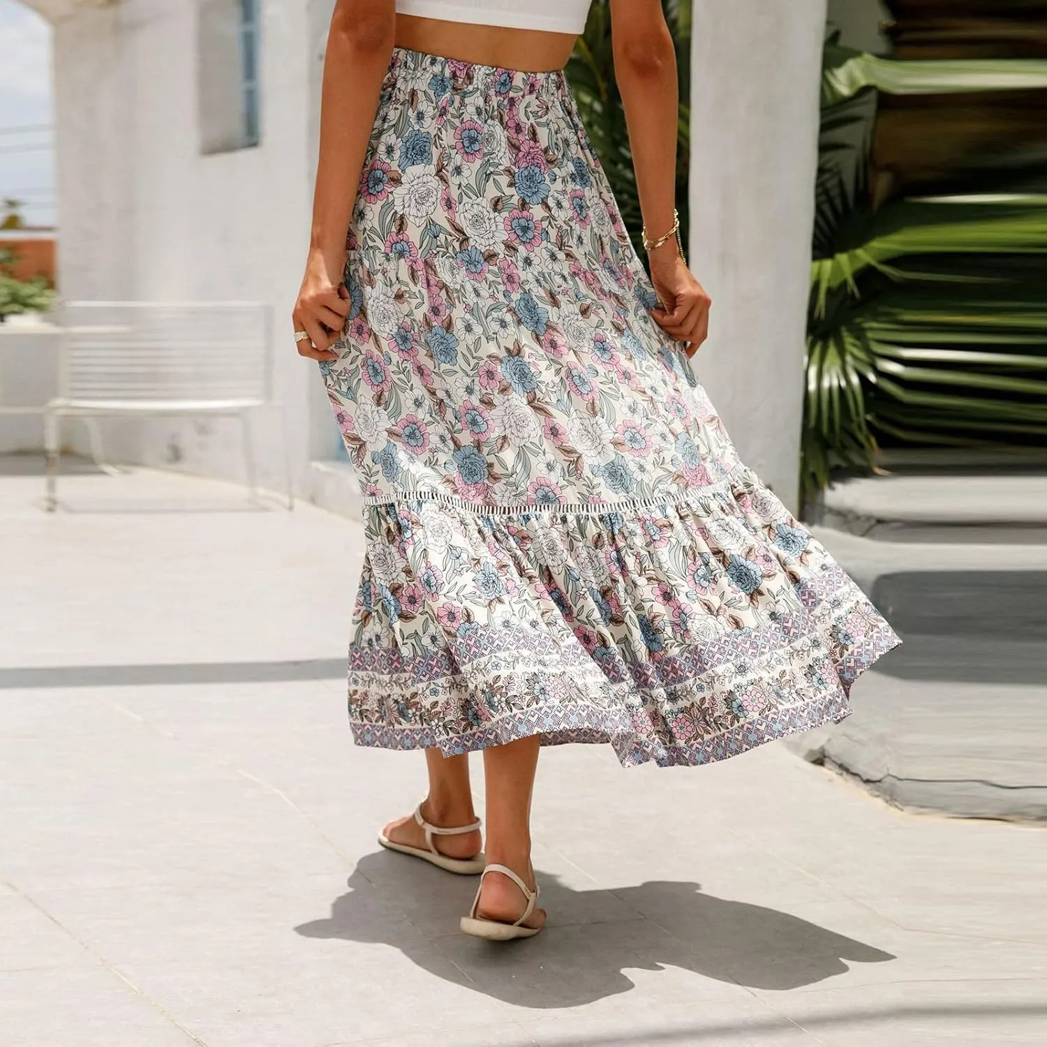 Women's Boho Floral Maxi Skirts Flowy High Waist Summer Pleated A Line Long Skirts for Women Beach Vacation Clothes for Women
