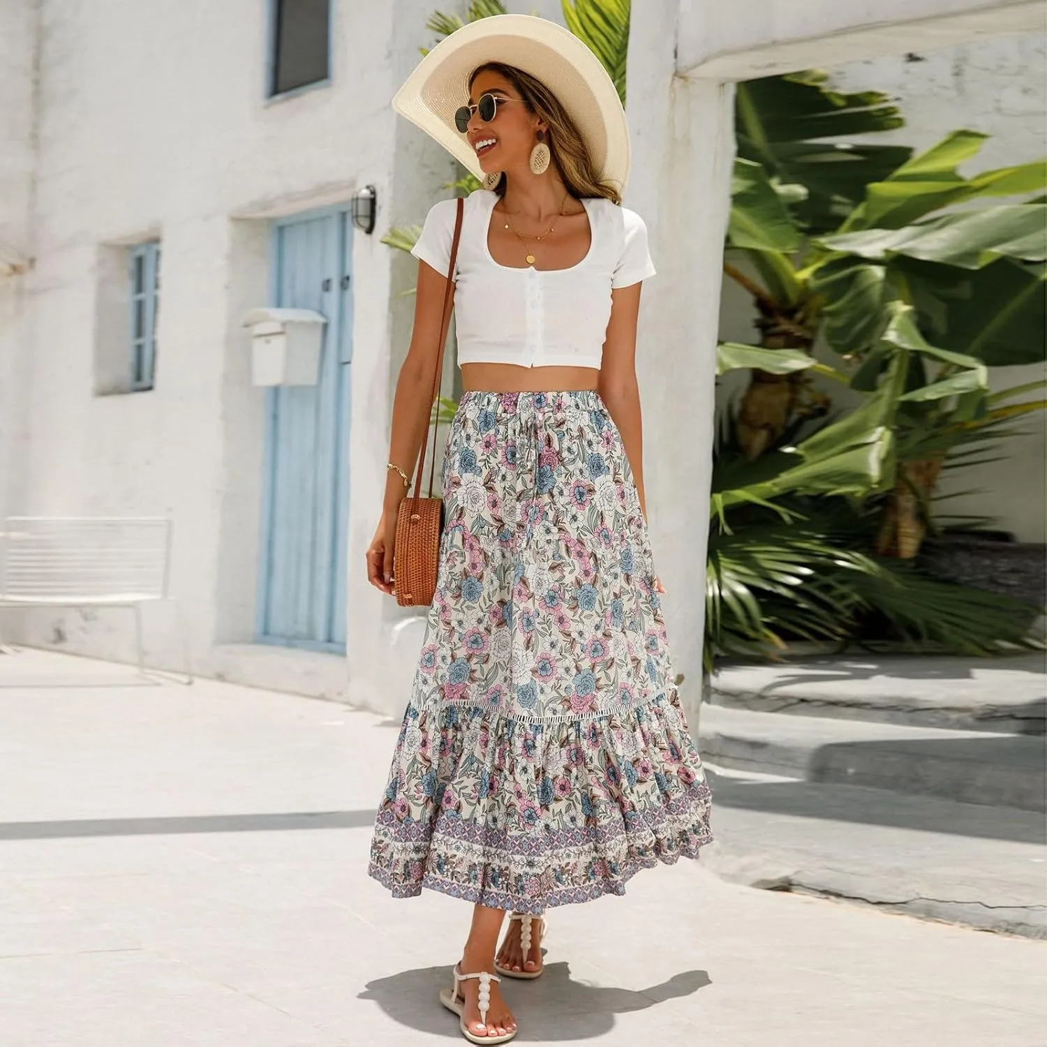 Women's Boho Floral Maxi Skirts Flowy High Waist Summer Pleated A Line Long Skirts for Women Beach Vacation Clothes for Women