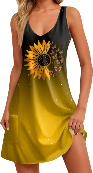 Women's Boho Sunflowers Print Trendy V Neck Sundresses Summer Beach Vacation Sleeveless Tunic Dresses