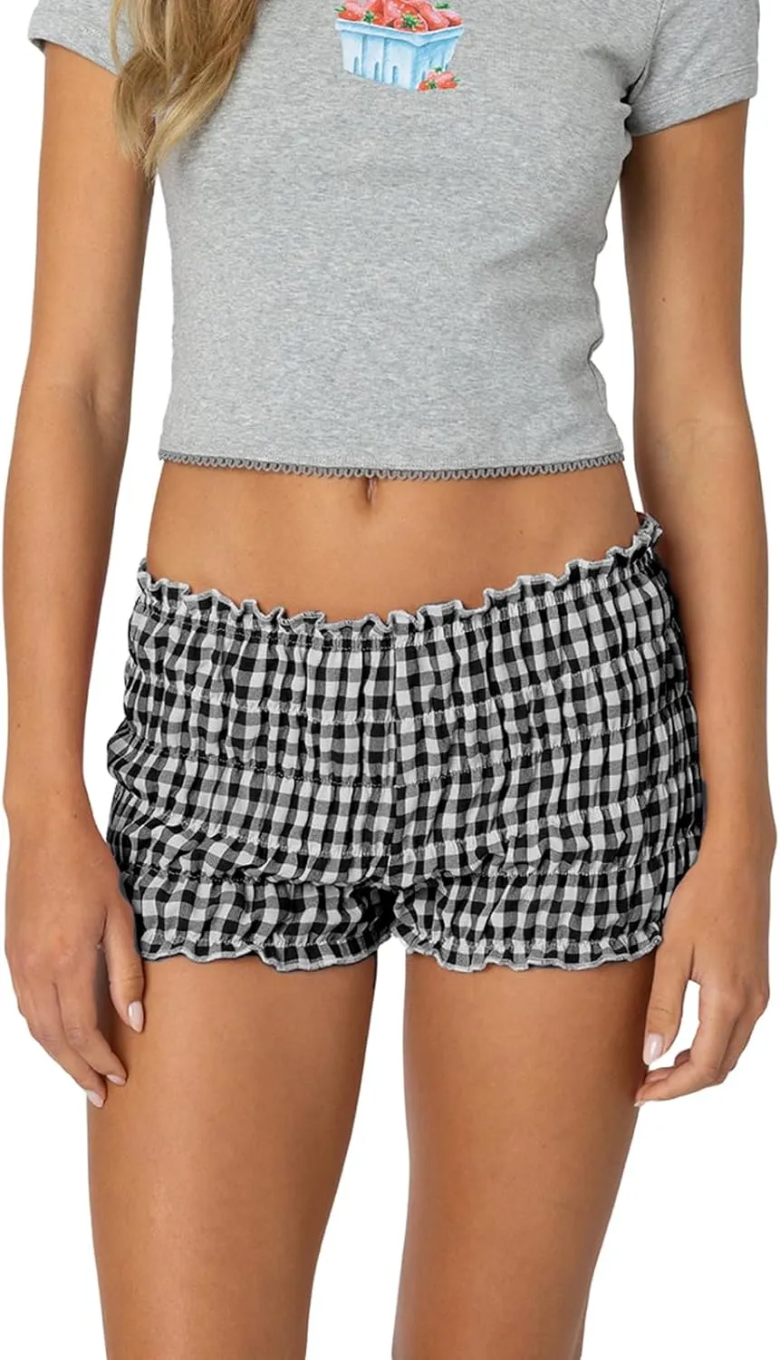 Womens Boxer Shorts Tiered Elastic Scrunch Plaid Shorts Cute Ruffle Pajama Bottoms Soft Cotton Lounge Shorts