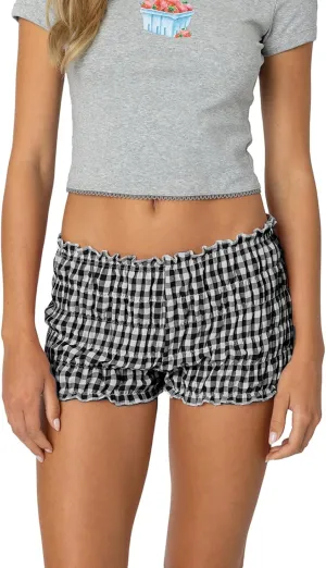Womens Boxer Shorts Tiered Elastic Scrunch Plaid Shorts Cute Ruffle Pajama Bottoms Soft Cotton Lounge Shorts