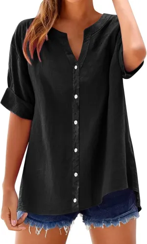 Womens Button Down Shirts Linen Cotton Solid Short Sleeve Blouses V Neck Leisure Top 2025 Summer Oversized Loose
