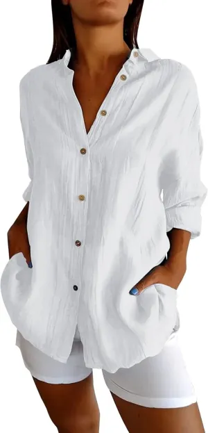 Womens Button Down Shirts Linen Cotton Solid Short Sleeve Blouses V Neck Leisure Top 2025 Summer Oversized Loose