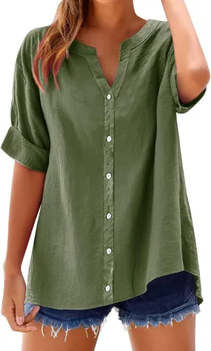 Womens Button Down Shirts Linen Cotton Solid Short Sleeve Blouses V Neck Leisure Top 2025 Summer Oversized Loose