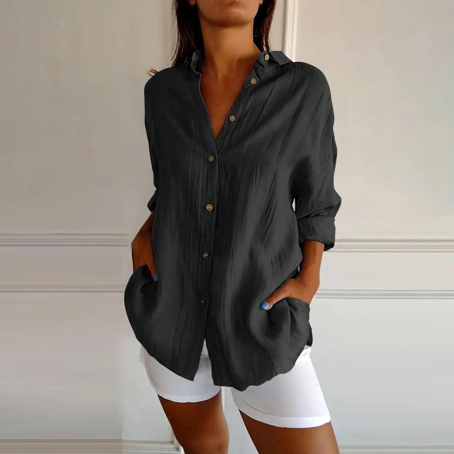 Womens Button Down Shirts Linen Cotton Solid Short Sleeve Blouses V Neck Leisure Top 2025 Summer Oversized Loose