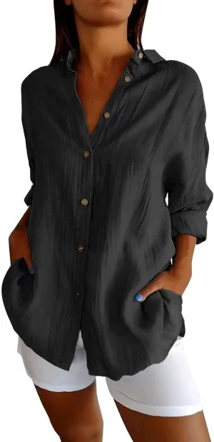 Womens Button Down Shirts Linen Cotton Solid Short Sleeve Blouses V Neck Leisure Top 2025 Summer Oversized Loose