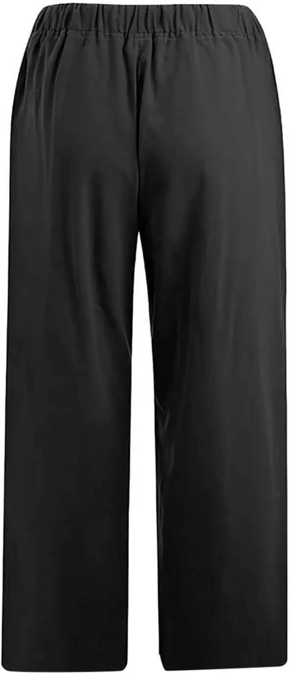 Women's Capri Pants Casual Summer Drawstring Waist Linen Pants with Pockets Lightweight Baggy Cropped Beach Trouser