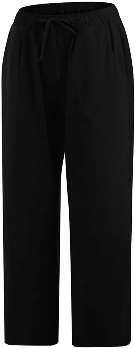 Women's Capri Pants Casual Summer Drawstring Waist Linen Pants with Pockets Lightweight Baggy Cropped Beach Trouser