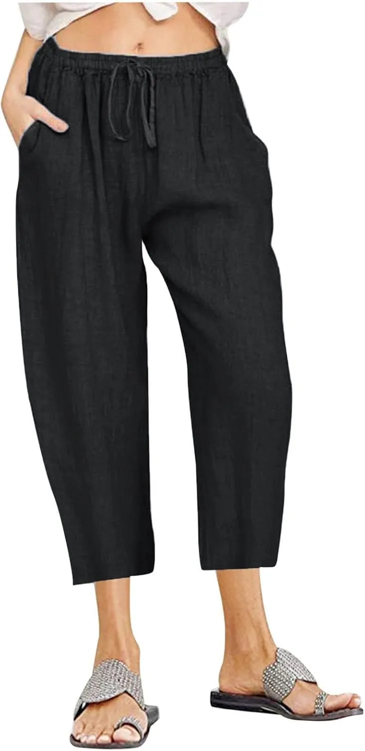 Women's Capri Pants Casual Summer Drawstring Waist Linen Pants with Pockets Lightweight Baggy Cropped Beach Trouser