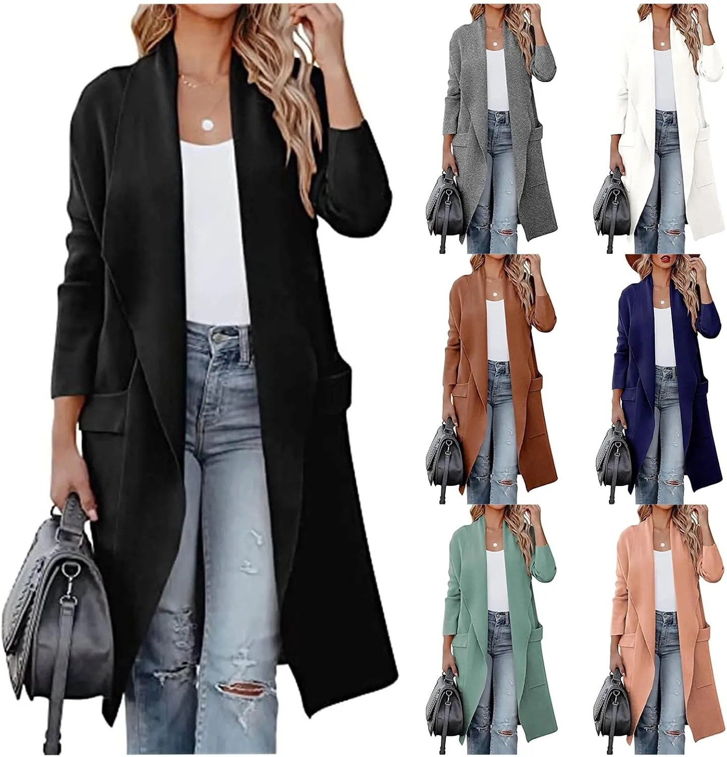 Women's Cardigan Sweater Casual Open Front Jackets Knitted Sweaters 2023 Fall Winter Lapel Trench Coat with Pockets
