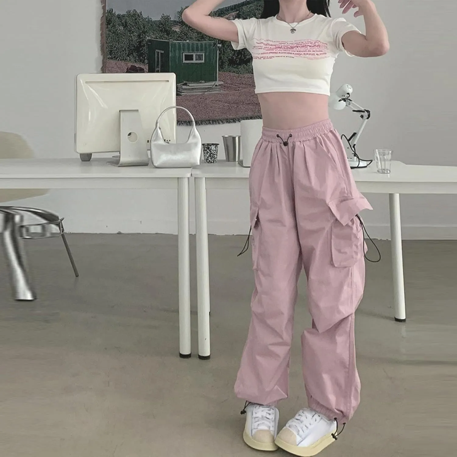 Womens Cargo Pants High Waist Baggy Relaxed Fit Trousers with Pockets Loose Jogger Goth Grunge Y2K Clothes