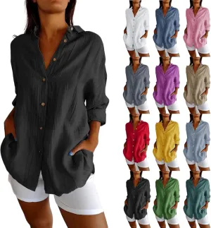 Womens Casual Shirts Cotton Linen Loose Singel Breasted Lapel Solid Business Blouse Daily Fashion Long Sleeve Shirts