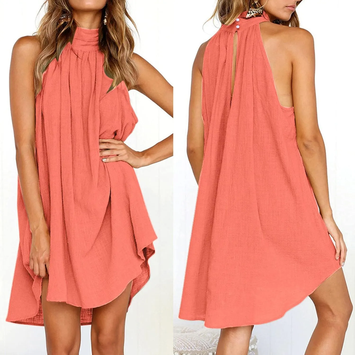 Women's Casual Tie Back Halter Neck Flared Hem Flowy Pleated Beach Sundress Sleeveless Summer A Dresses for Juniors