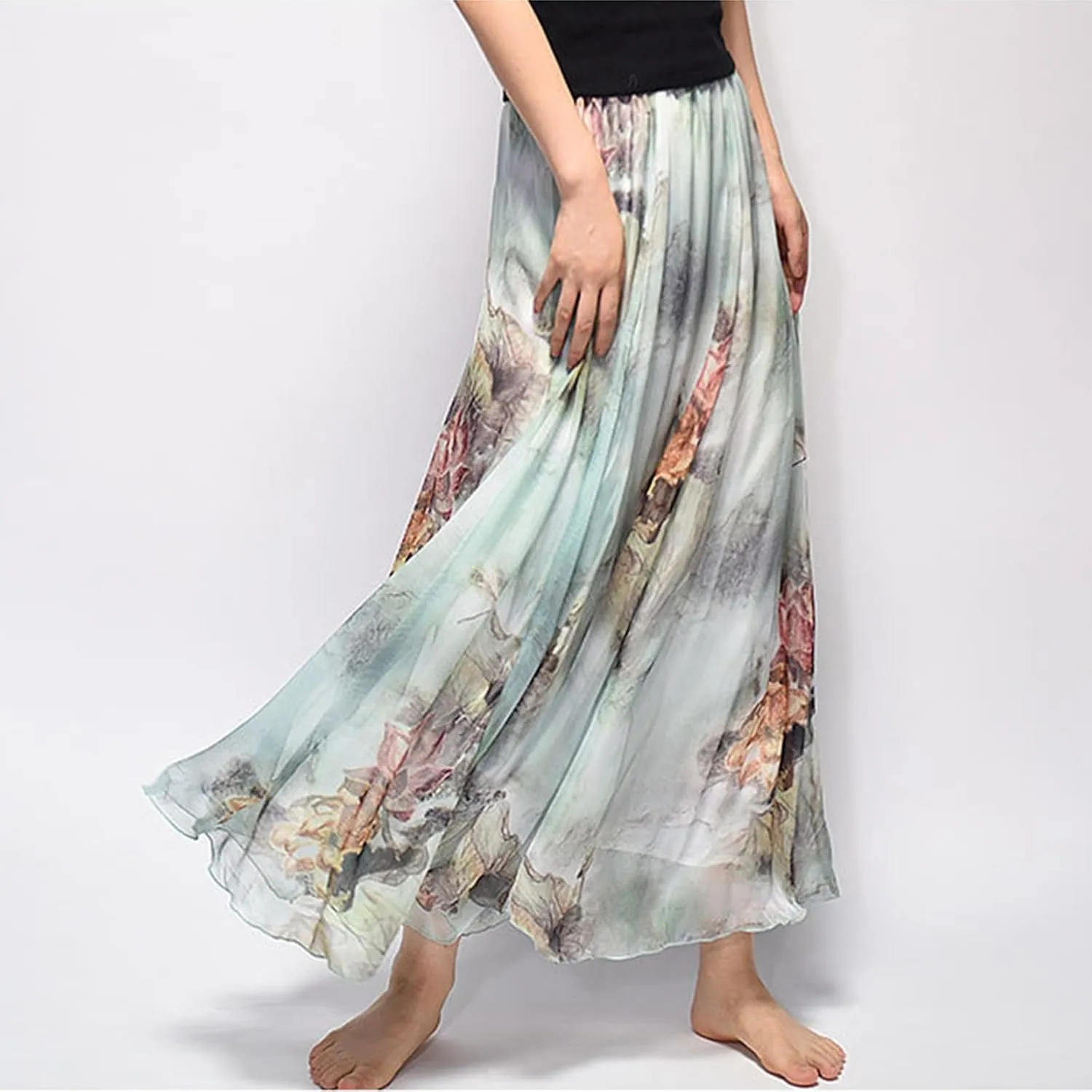 Women's Chiffon Floral Boho Skirts Flowy Double-Layered Mesh Maxi Skirt Elegant Pleated A-Line Long Beach Skirts
