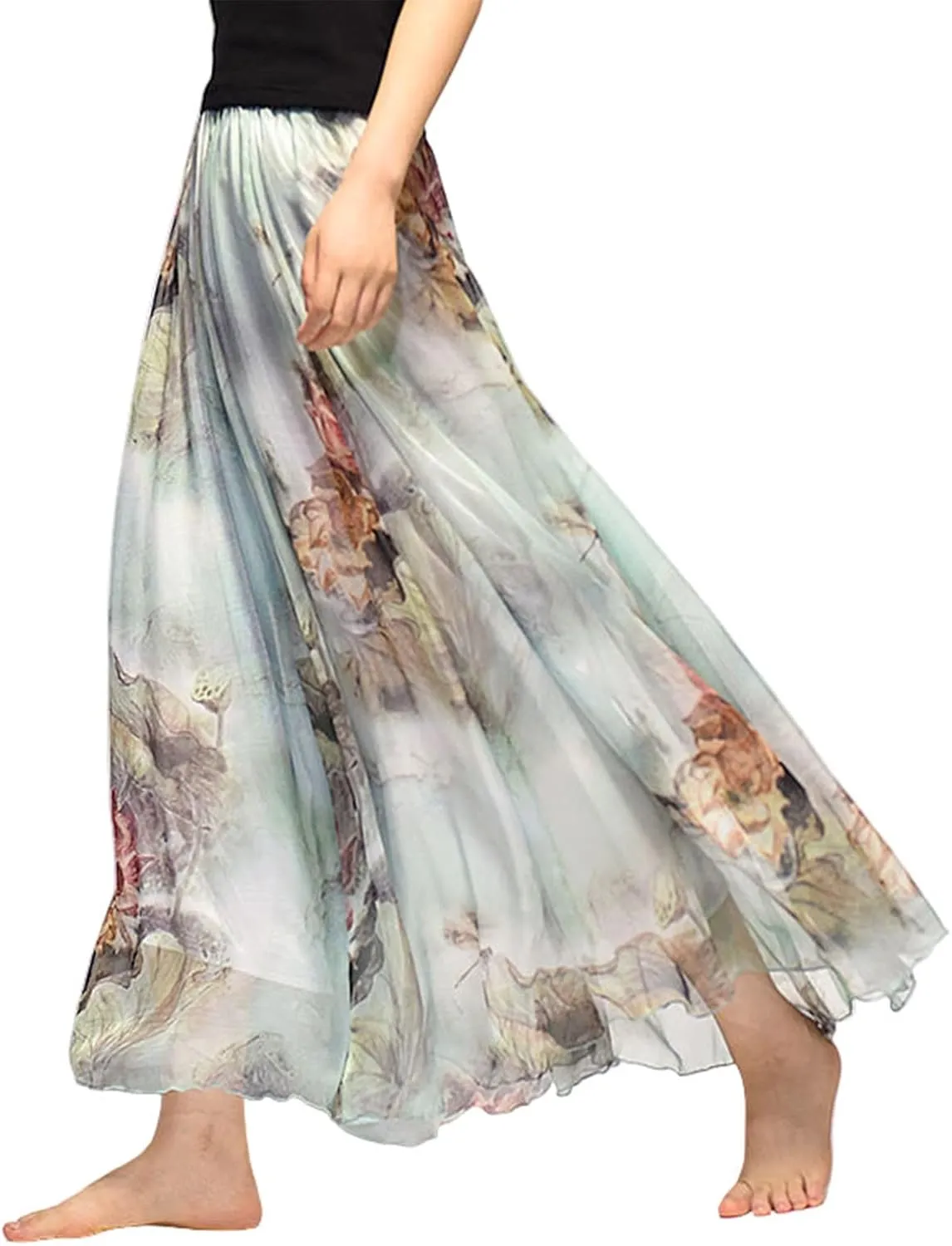 Women's Chiffon Floral Boho Skirts Flowy Double-Layered Mesh Maxi Skirt Elegant Pleated A-Line Long Beach Skirts