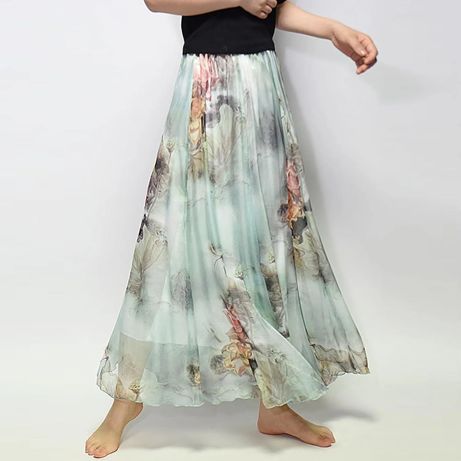 Women's Chiffon Floral Boho Skirts Flowy Double-Layered Mesh Maxi Skirt Elegant Pleated A-Line Long Beach Skirts