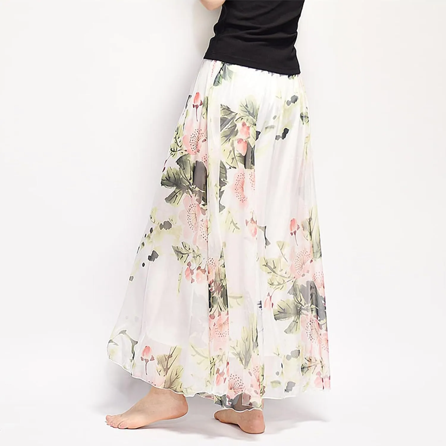 Women's Chiffon Floral Boho Skirts Flowy Double-Layered Mesh Maxi Skirt Elegant Pleated A-Line Long Beach Skirts