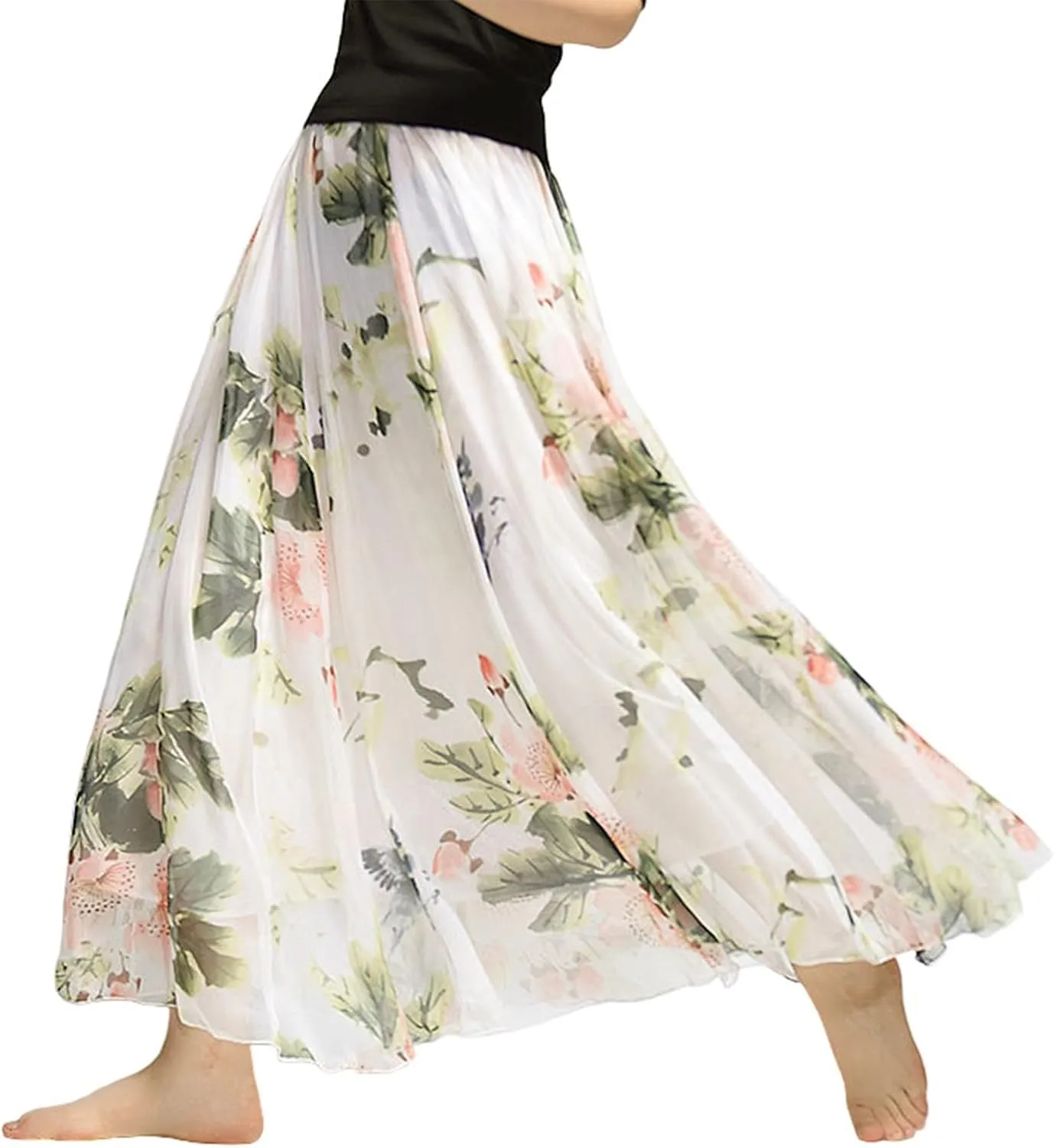 Women's Chiffon Floral Boho Skirts Flowy Double-Layered Mesh Maxi Skirt Elegant Pleated A-Line Long Beach Skirts