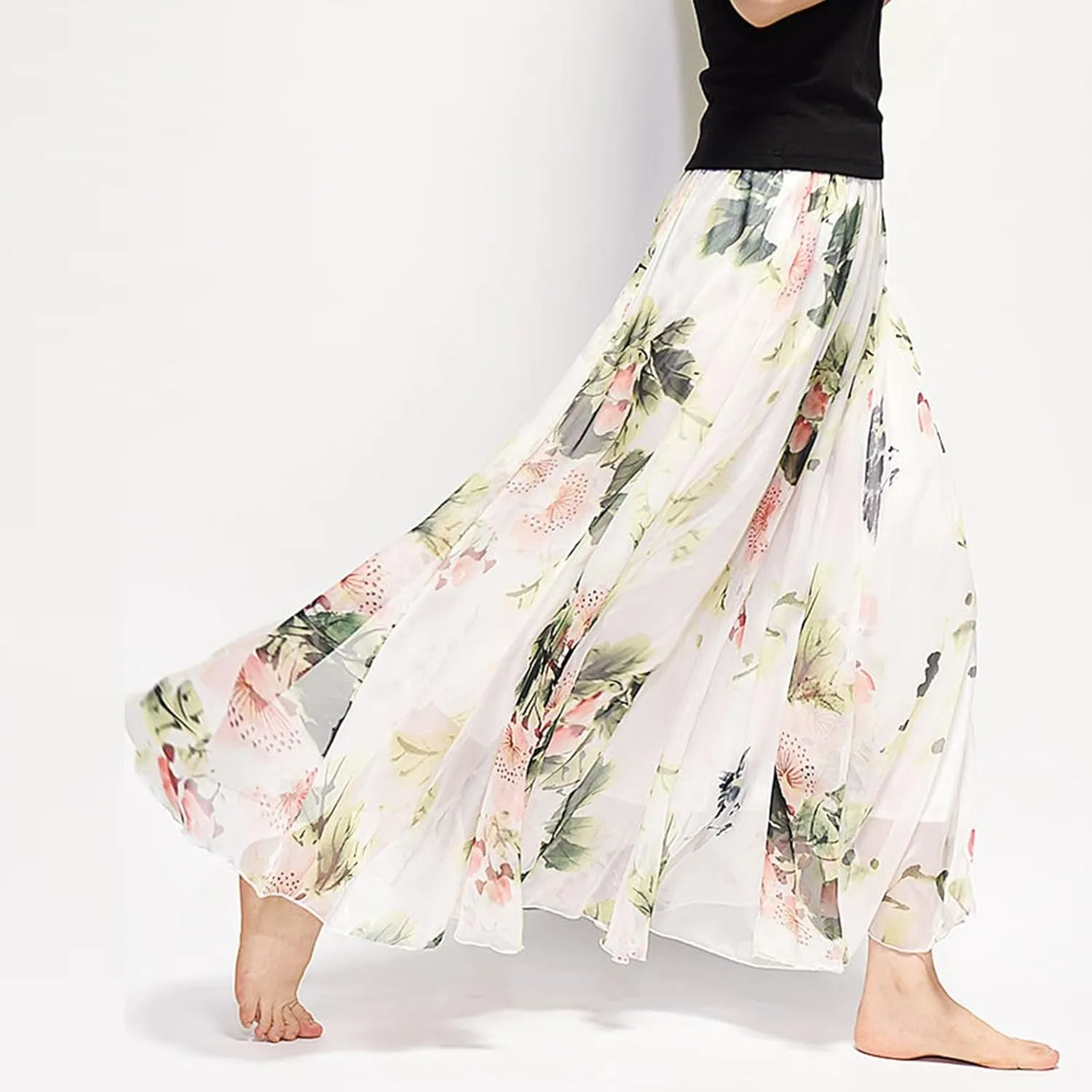 Women's Chiffon Floral Boho Skirts Flowy Double-Layered Mesh Maxi Skirt Elegant Pleated A-Line Long Beach Skirts