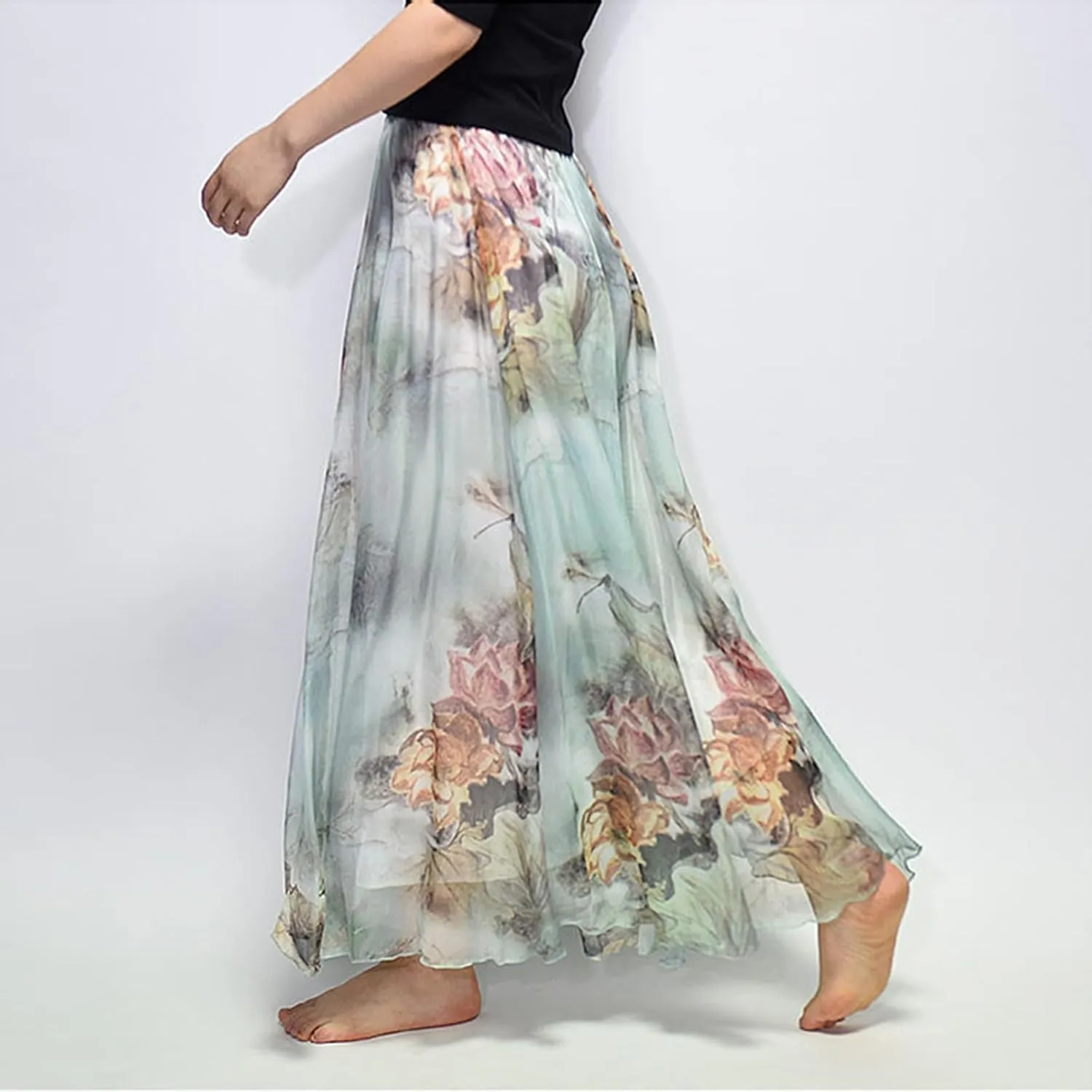 Women's Chiffon Floral Boho Skirts Flowy Double-Layered Mesh Maxi Skirt Elegant Pleated A-Line Long Beach Skirts