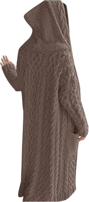 Women's Chunky Knit Long Sleeve Casual Hooded Sweater Plus Size Draped Cardigan Cable Knitted Winter Long Sweater Coat