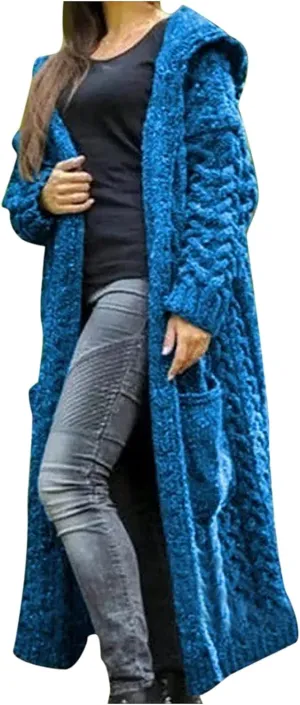 Women's Chunky Knit Long Sleeve Casual Hooded Sweater Plus Size Draped Cardigan Cable Knitted Winter Long Sweater Coat