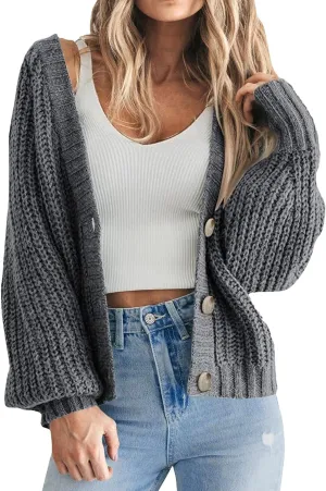 Women's Chunky Knit Open Front Sweater Long Sleeve Lightweight Button Loose Short Cardigan Outerwear Coats 2025