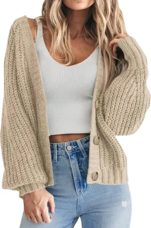 Women's Chunky Knit Open Front Sweater Long Sleeve Lightweight Button Loose Short Cardigan Outerwear Coats 2025