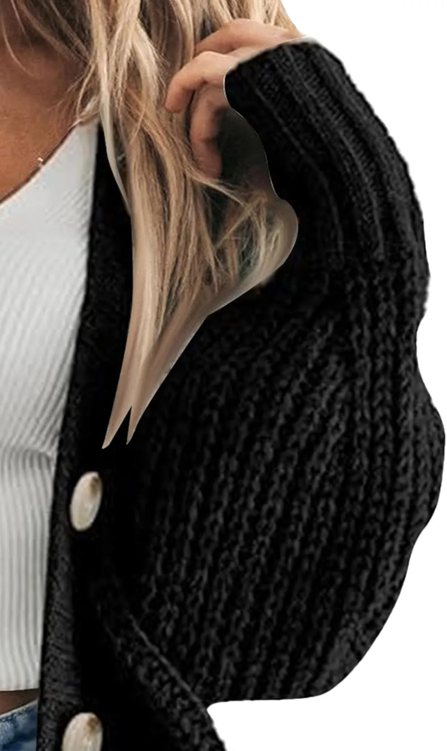 Women's Chunky Knit Open Front Sweater Long Sleeve Lightweight Button Loose Short Cardigan Outerwear Coats 2025