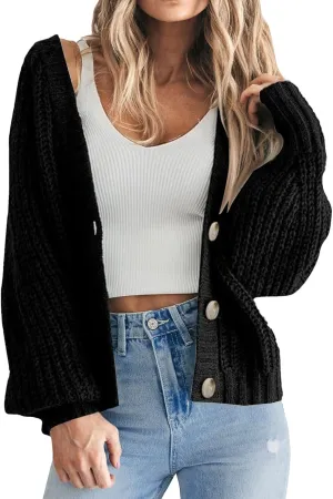 Women's Chunky Knit Open Front Sweater Long Sleeve Lightweight Button Loose Short Cardigan Outerwear Coats 2025