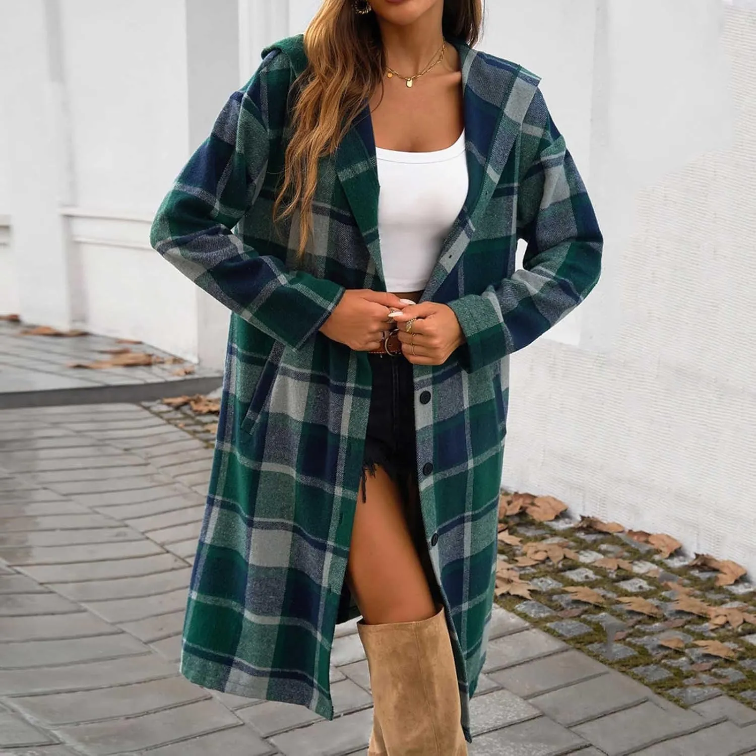 Women's Color Block Plaid Shirts Button Down Long Sleeve Pockets Blouse Tops Fashion Coat Winter Trench Coats for Womens Coat