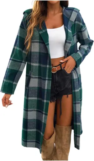 Women's Color Block Plaid Shirts Button Down Long Sleeve Pockets Blouse Tops Fashion Coat Winter Trench Coats for Womens Coat