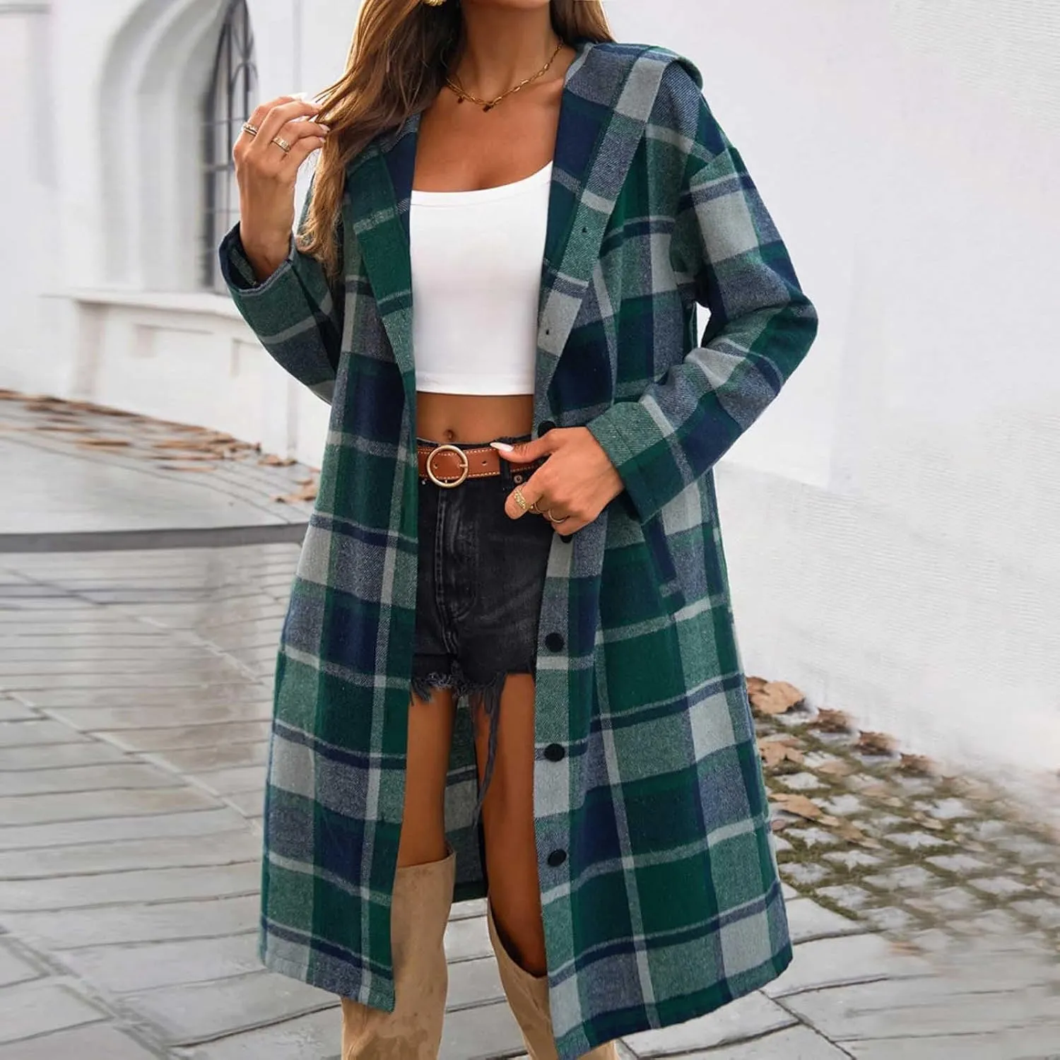 Women's Color Block Plaid Shirts Button Down Long Sleeve Pockets Blouse Tops Fashion Coat Winter Trench Coats for Womens Coat