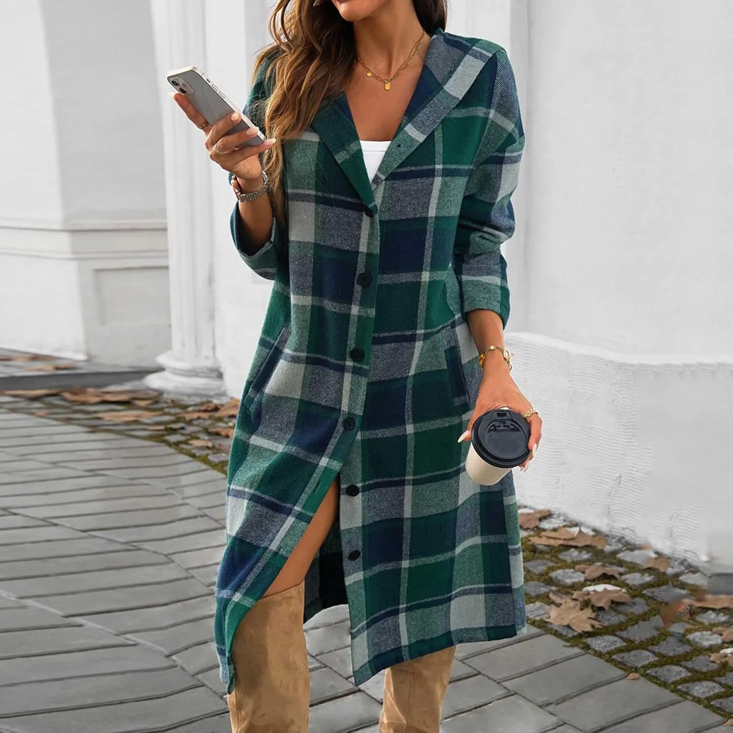 Women's Color Block Plaid Shirts Button Down Long Sleeve Pockets Blouse Tops Fashion Coat Winter Trench Coats for Womens Coat