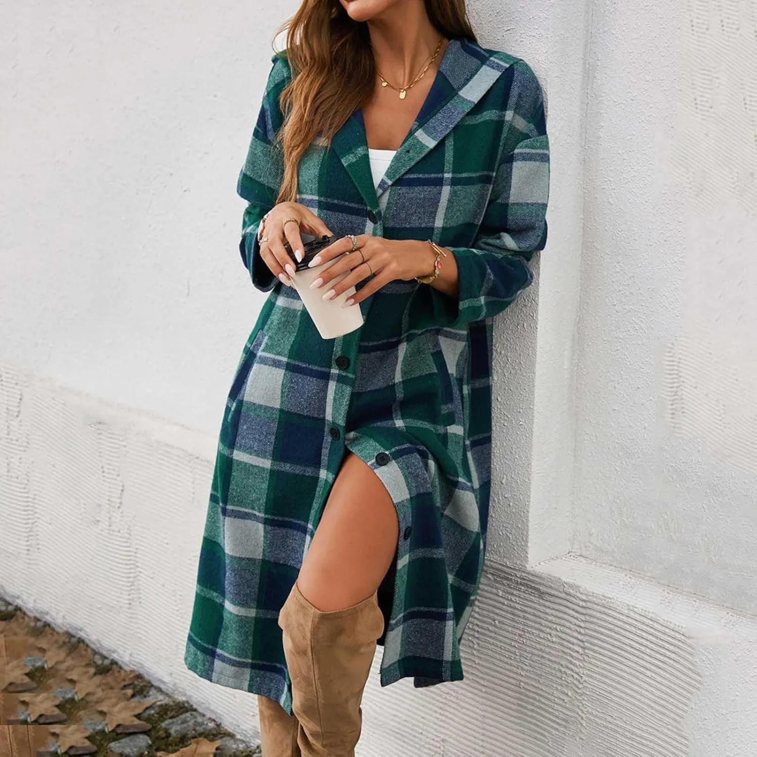 Women's Color Block Plaid Shirts Button Down Long Sleeve Pockets Blouse Tops Fashion Coat Winter Trench Coats for Womens Coat