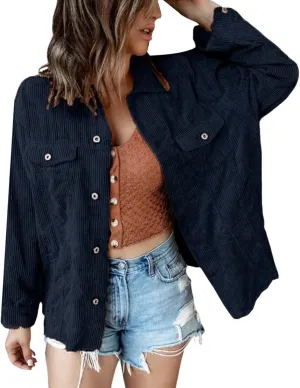 Women's Corduroy Cropped Jacket Winter Fall Lapel Button Down Casual Short Shacket Jackets Coats Womens down