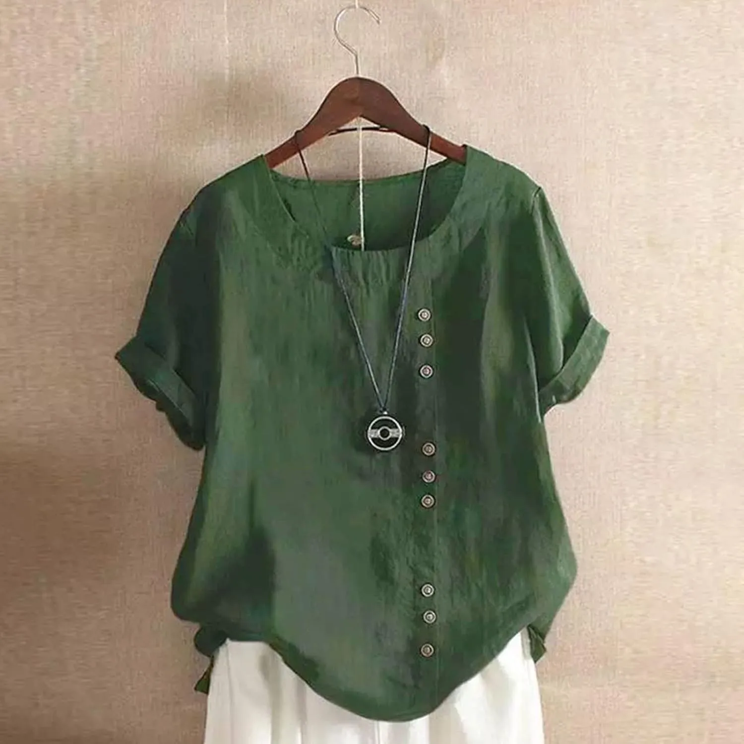 Womens Cotton Linen Button Down Shirt Short Sleeve Print Blouse Casual Crew Neck Tops Summer Flowy Tops for 2024