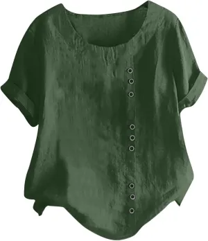 Womens Cotton Linen Button Down Shirt Short Sleeve Print Blouse Casual Crew Neck Tops Summer Flowy Tops for 2024