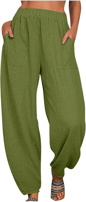 Womens Cotton Linen Harem Pants Lounge Elastic High Waist Trousers Summer Relaxed Fit Pant Solid Comfy Pockets Pants
