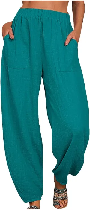 Womens Cotton Linen Harem Pants Lounge Elastic High Waist Trousers Summer Relaxed Fit Pant Solid Comfy Pockets Pants
