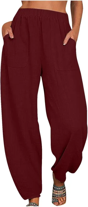 Womens Cotton Linen Harem Pants Lounge Elastic High Waist Trousers Summer Relaxed Fit Pant Solid Comfy Pockets Pants