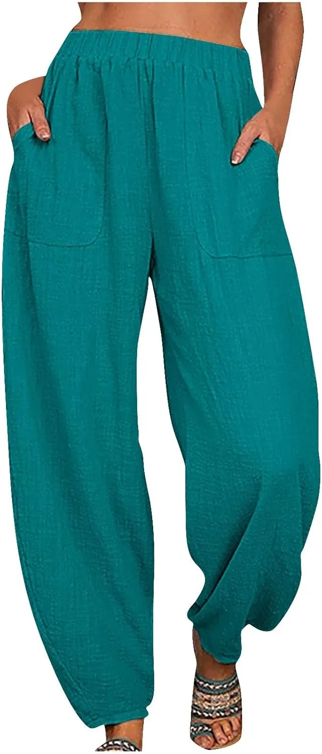 Womens Cotton Linen Harem Pants Lounge Elastic High Waist Trousers Summer Relaxed Fit Pant Solid Comfy Pockets Pants