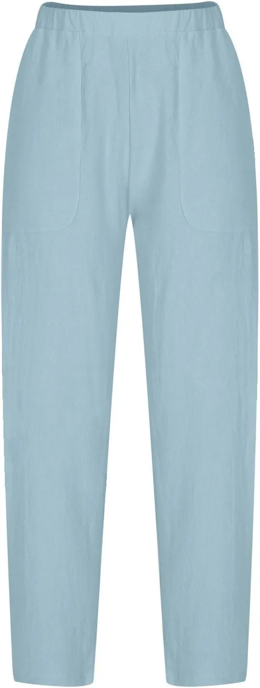 Womens Cotton Linen Harem Pants Lounge Elastic High Waist Trousers Summer Relaxed Fit Pant Solid Comfy Pockets Pants