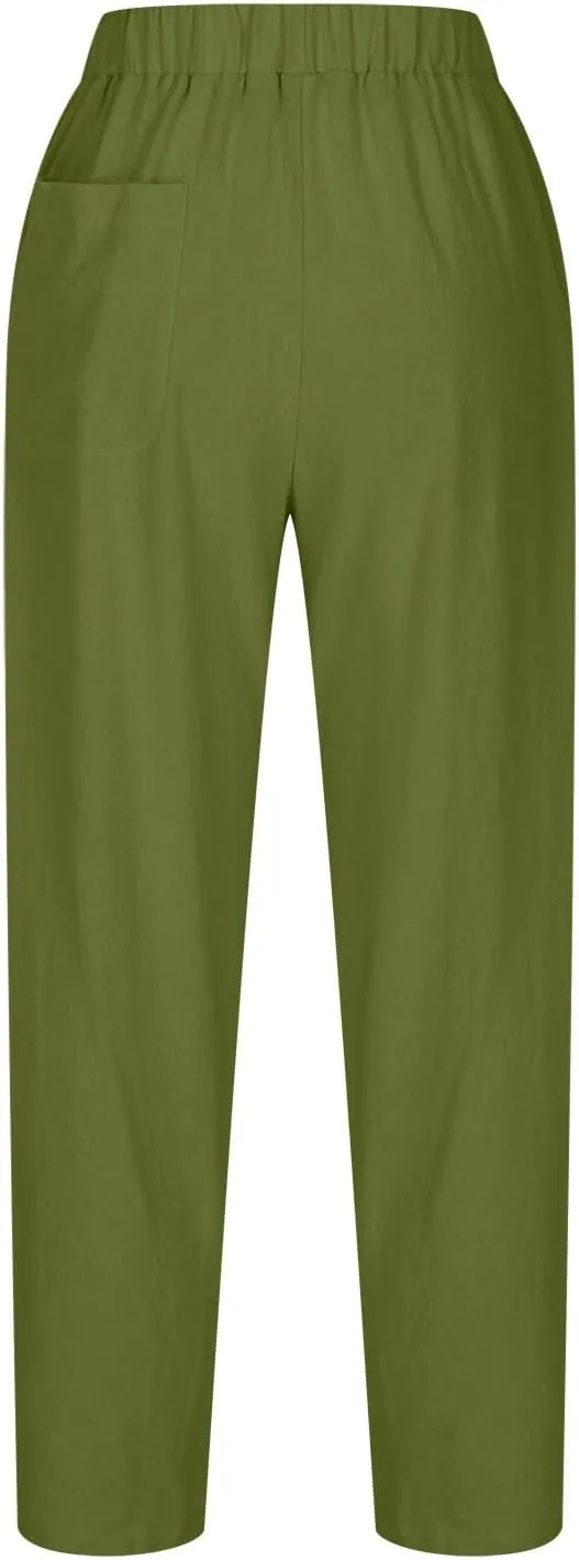 Womens Cotton Linen Harem Pants Lounge Elastic High Waist Trousers Summer Relaxed Fit Pant Solid Comfy Pockets Pants