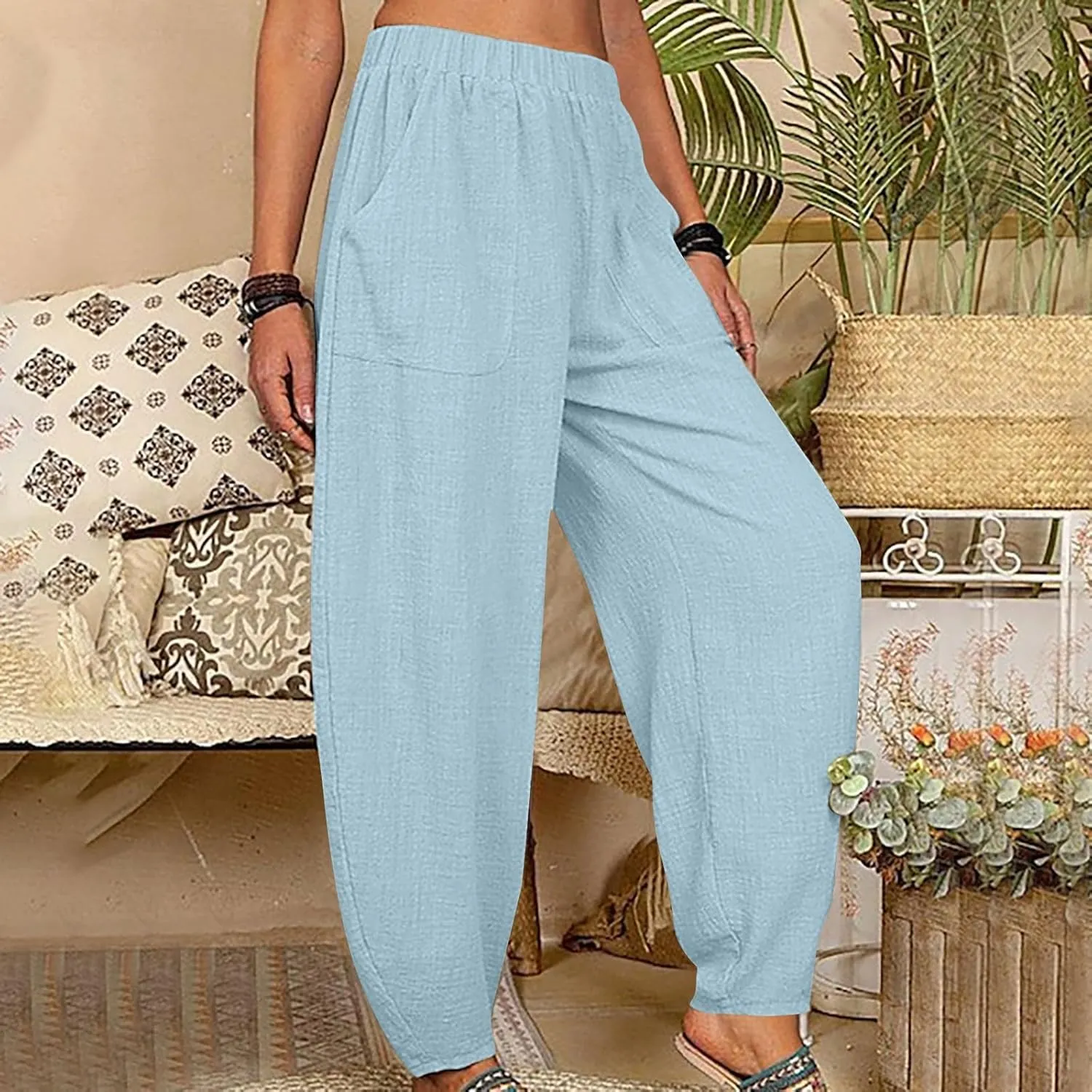 Womens Cotton Linen Harem Pants Lounge Elastic High Waist Trousers Summer Relaxed Fit Pant Solid Comfy Pockets Pants