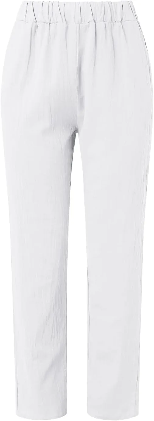 Womens Cotton Linen Pants Elastic High Waisted Wide Leg Summer Pants Casual Relaxed Fit Lounge Trousers with Pockets
